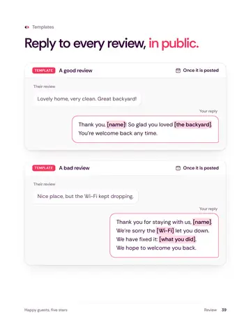 Book 3, page 39: Reply to every review, in public.